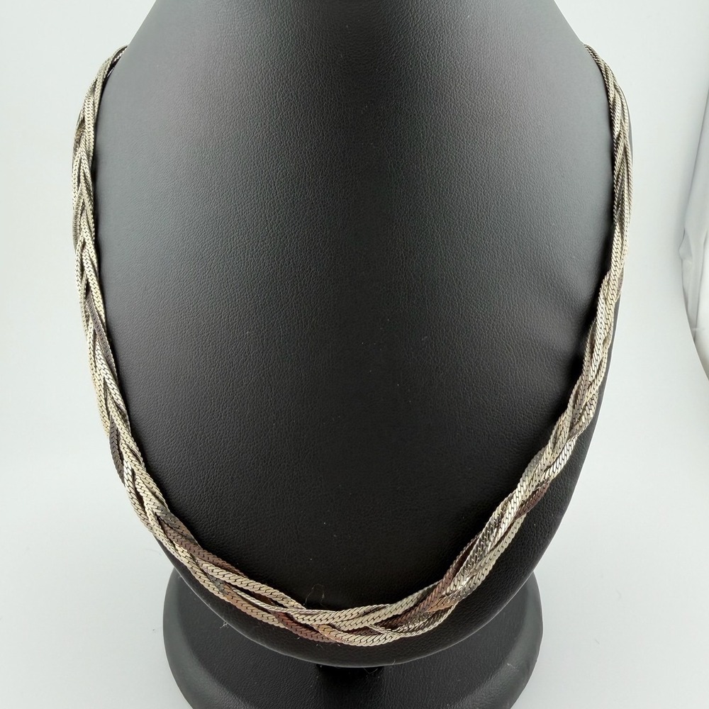 Braided Silver Tone Herringbone Multi-Strand Chain Necklace